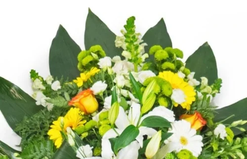 Gerbe De Fleurs Jaunes Oranges & Blanches -Boutique Fleur Deuil gerbe de fleurs jaunes oranges blanches 2